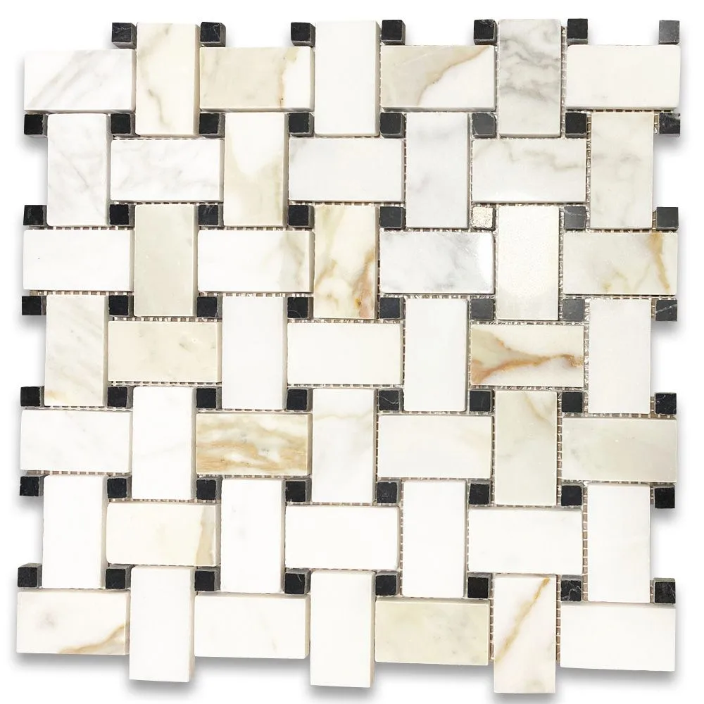 calacatta gold marmo 1x2 basketweave mosaico piastrelle 305x305x10 mm nero marquina black dots lucido