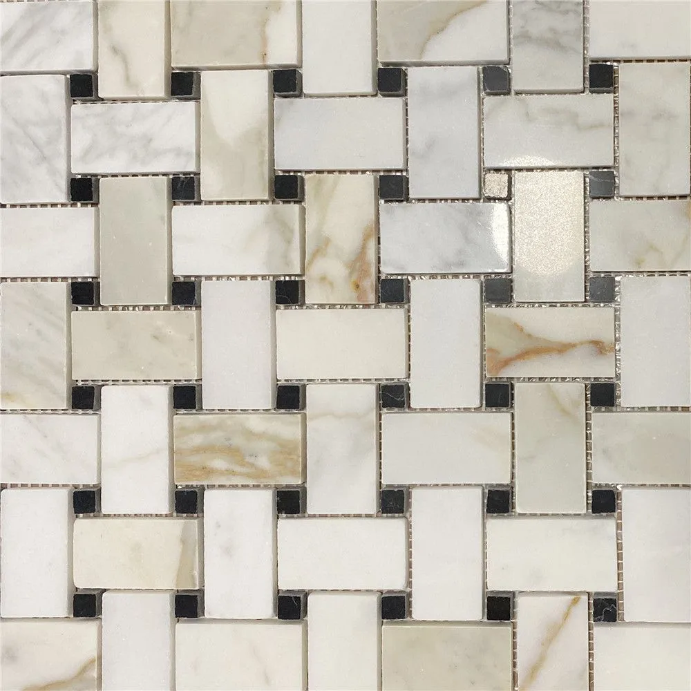 Carreau en mosaïque Basketwave Calacatta Gold 23×46 mm avec morceaux Nero Marquina – Carreau 305x305x10 mm