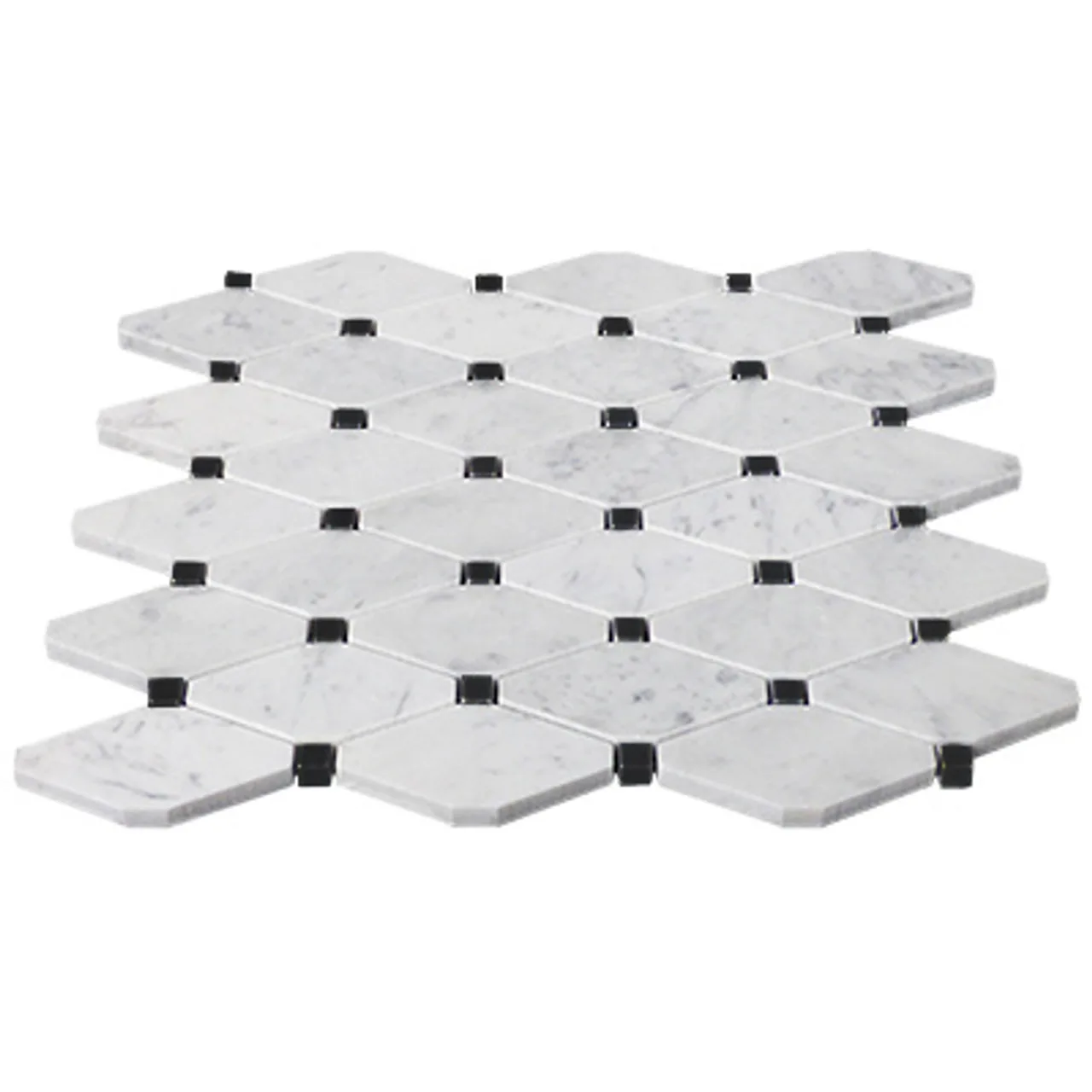 Mosaïque romboïde en Bianco Carrara, Nero Marquina et Grigio Bardiglio sur treillis 10 mm