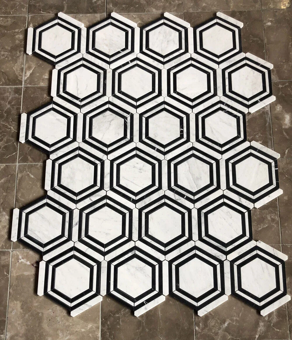 mosaico esagonale bianco carrara nero marquina 120x120 10 mm su rete lusso