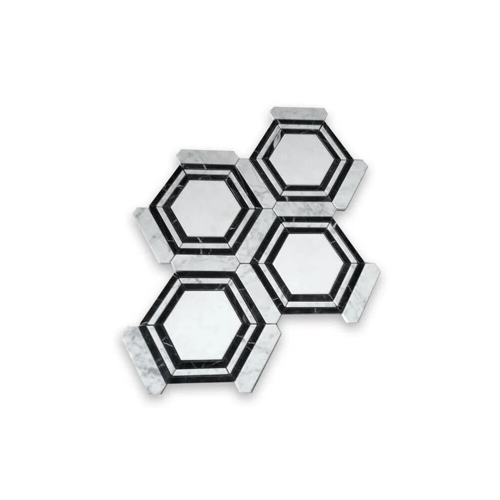 mosaico esagonale bianco carrara nero marquina 120x120 10 mm su rete
