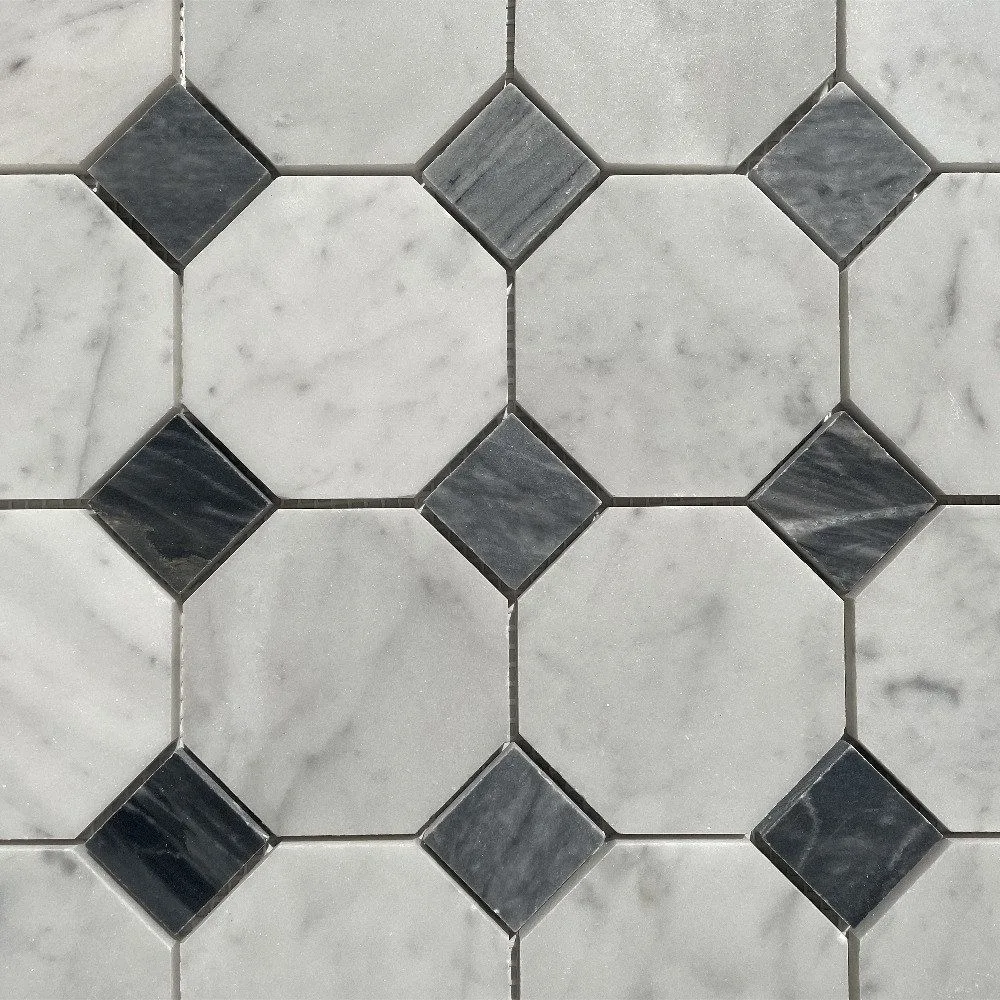 Mosaïque Octogonale Bianco Carrara Bardiglio Nero Marquina sur Réseau 305×305 : Caractéristiques et Utilisation