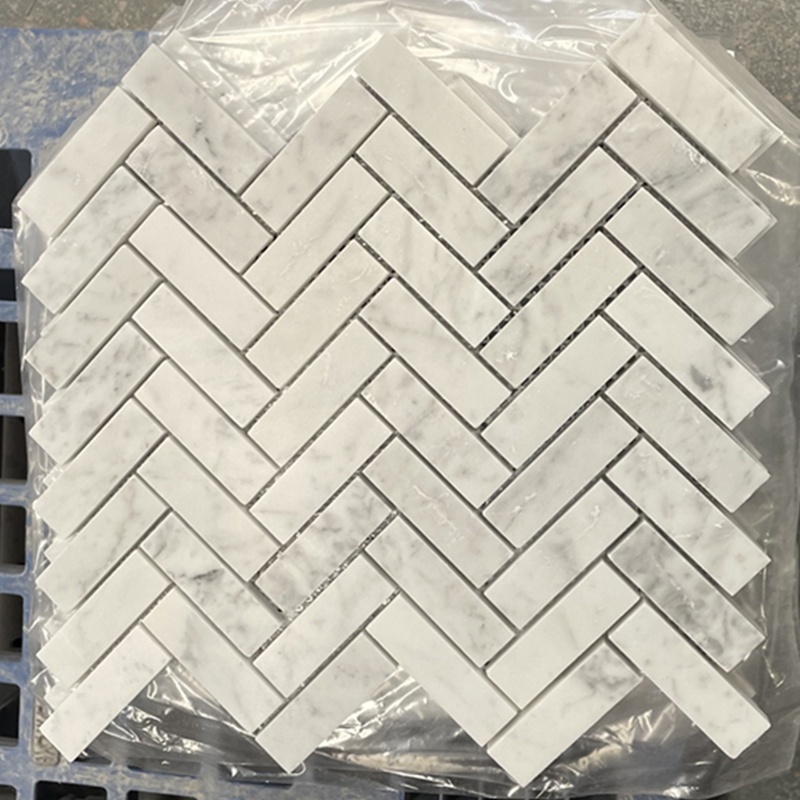 Mosaico Bianco Carrara — spina di pesce 25 × 75 mm · MDC07 — 2