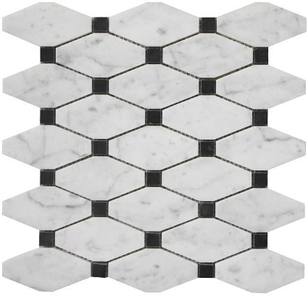 Mosaïque Blanc de Carrare — hexagones allongés avec cabochons avec détails noirs · MDC09