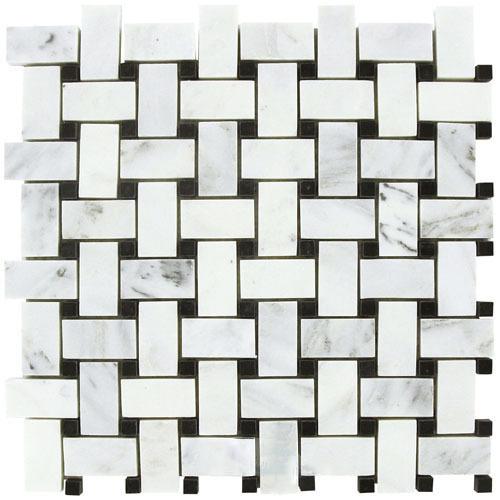 Mosaïque Blanc de Carrare — tressage avec détails noirs 25 × 50 + 10 × 10 mm · MDC11