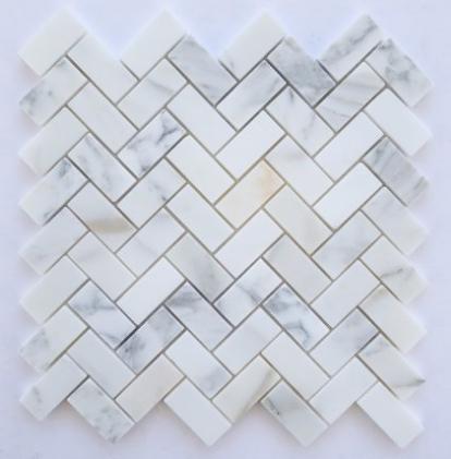 Mosaico Calacatta Gold — espiga 25 × 75 mm · MDCB09