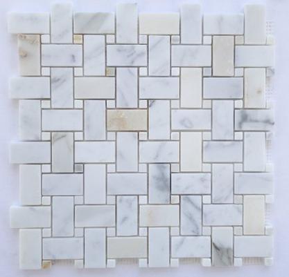 Mosaico Calacatta Gold — entrelazado 25 × 50 + 10 × 10 mm · MDCB14