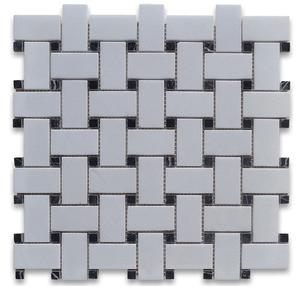 Mosaik Thassos Weiß — Korbgeflecht mit schwarzen Details 25 × 50 + 10 × 10 mm · MDCC12