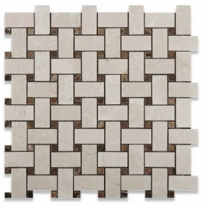 Mosaico Crema Marfil — intreccio a canestro 25 × 50 + 10 × 10 mm · MDCD09