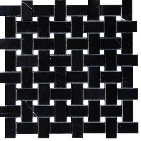 Mosaïque Nero Marquina — tressage avec détails blancs 25 × 50 + 10 × 10 mm · MDCNM02