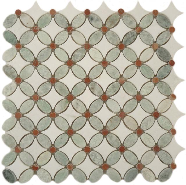 Mosaico Intarsio in pietra naturale — fiore geometrico verde e crema · MDCW13