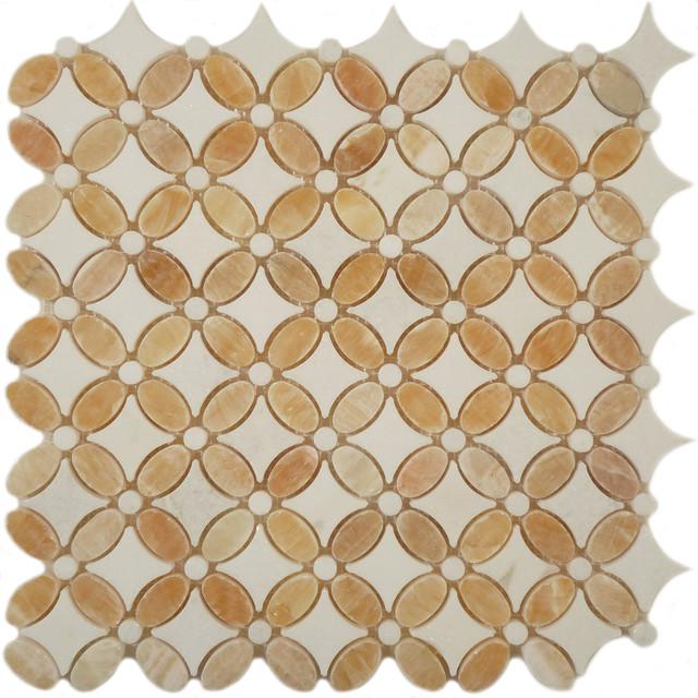 Mosaik Natursteinintarsie — geometrische Blume aus Honigonyx · MDCW15